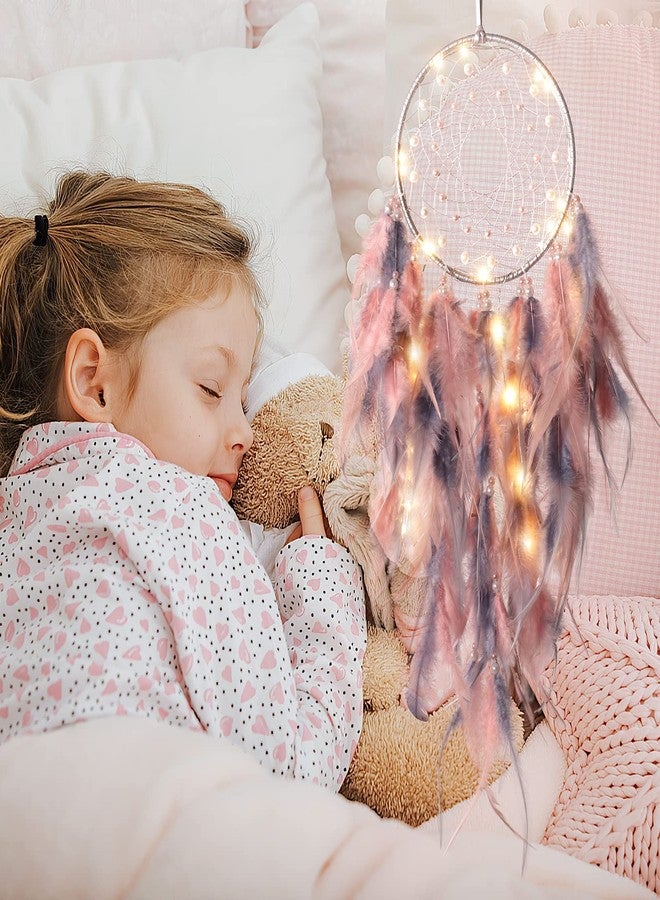 KHOYIME LED Dream Catcher Light Up Handmade Feather Dreamcatchers Boho Wall Hanging for Girls Kids Bedroom Bohemian Home Decor Wedding Ornament Craft Gift (Pink&Grey) - Image 4